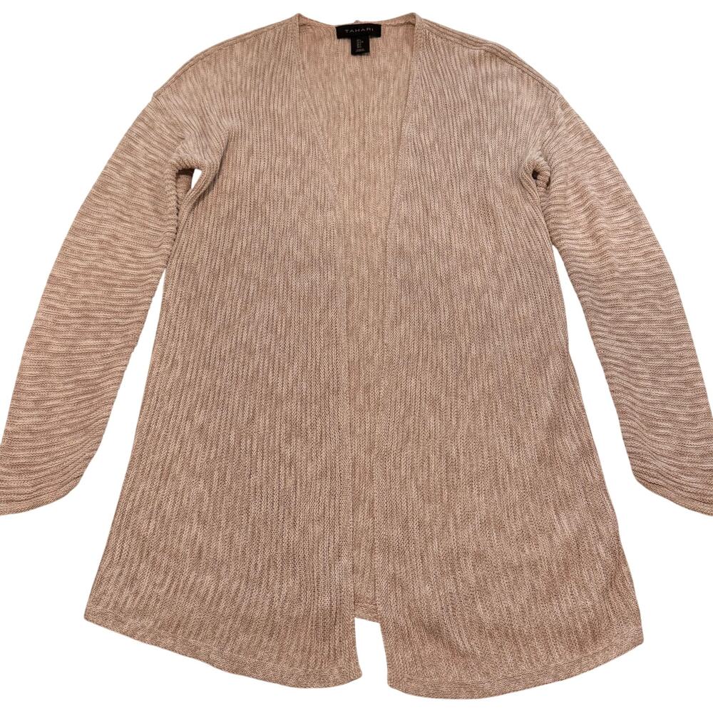 Tahari Linen Blend Open Front Cardigan Sweater Womens Size L Beige Coastal Beach
